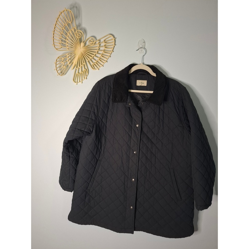 LL Bean Quilted Barn Jacket Black Corduroy Collar Thermore Insulated Coat